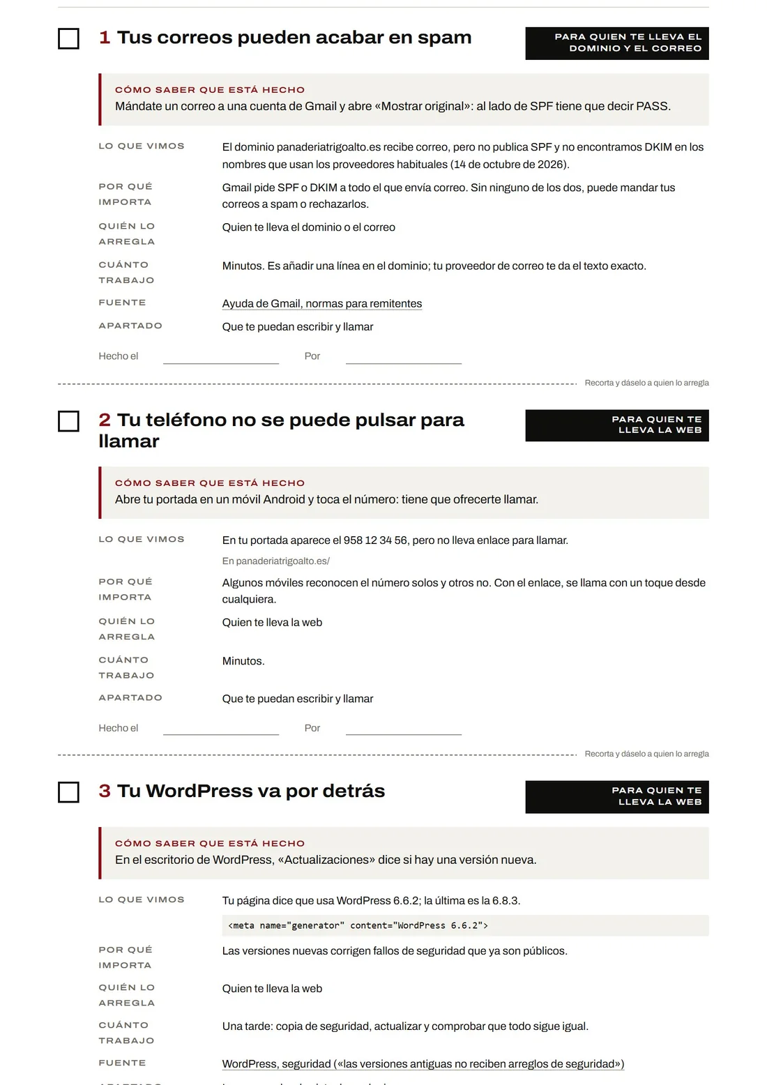 Tres fichas de una hoja de tareas de muestra: los correos que pueden acabar en spam, el teléfono que no se puede pulsar y un WordPress que va por detrás.