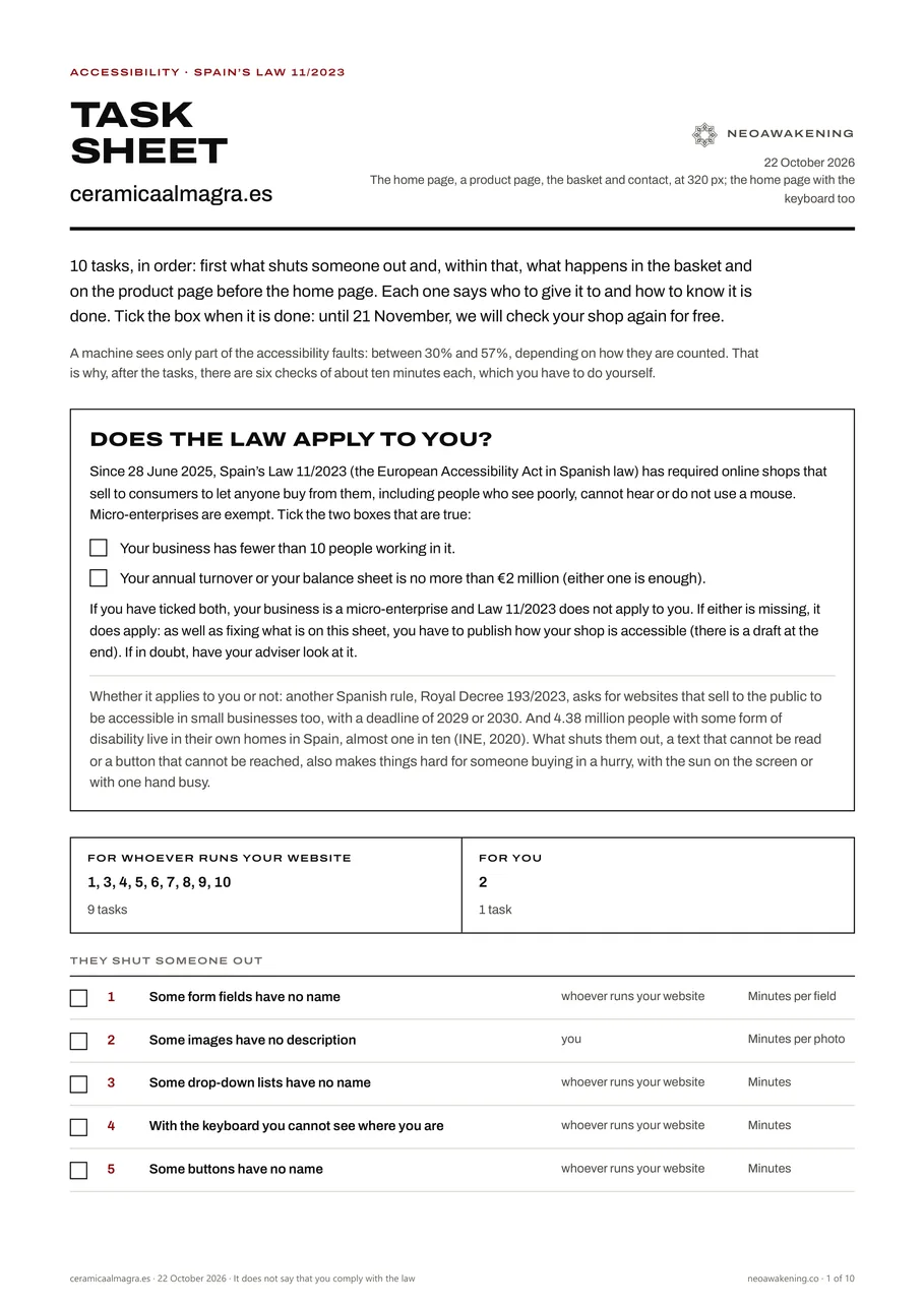 The first page of the sample task sheet: the split by person, “Does the law apply to you?” with its two boxes and the task list.