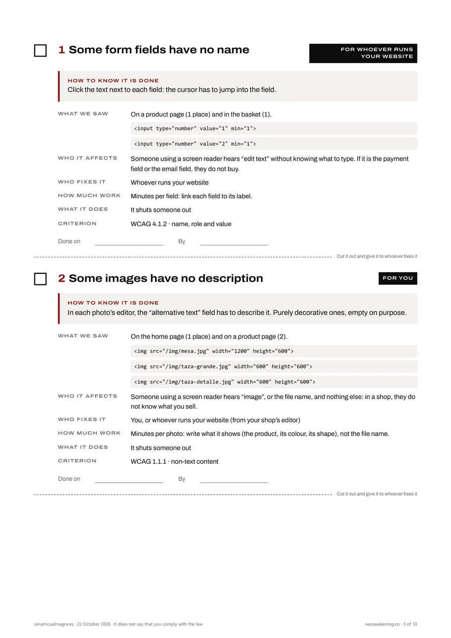 Two cards from the sample sheet: the unnamed fields on the product page and the basket, and the images with no description, each with how to know it is done.