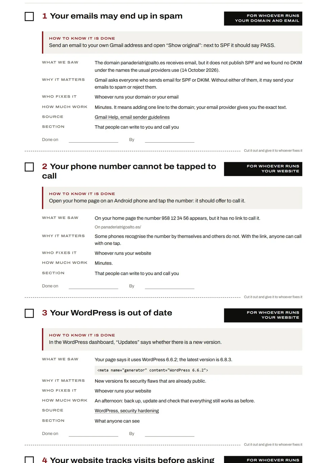 Three cards from a sample task sheet: emails that may end up in spam, a phone number you cannot tap and a WordPress that is out of date.
